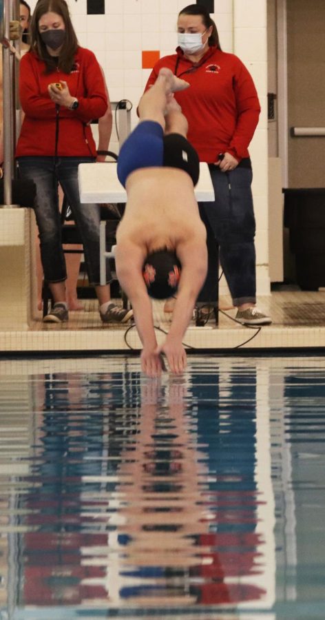  On Jan 15, with a time of 55.57 his season-best. Diving in for his 100 fly event, junior Braden Falvo at county finals he placed 2nd.