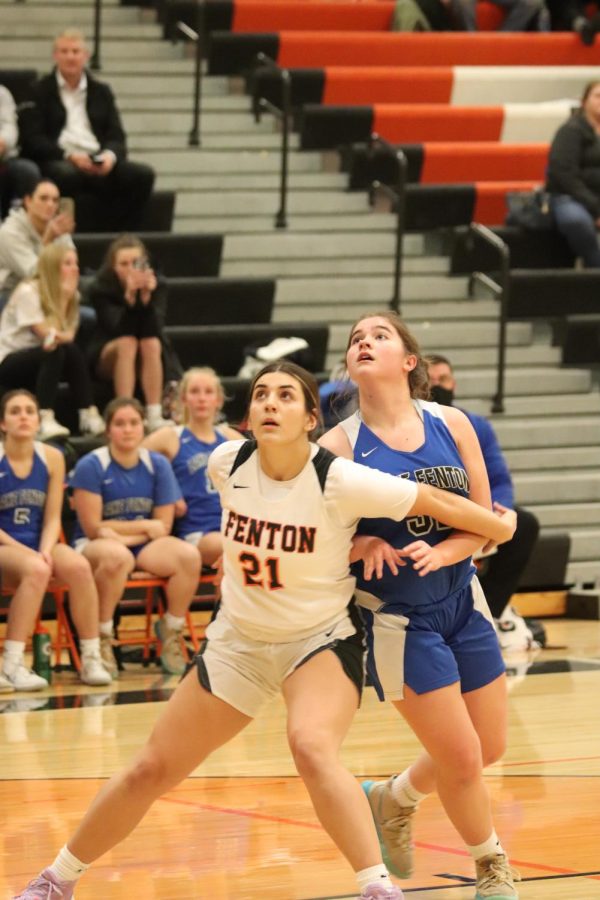 Junior Keegan Weddle boxes out an opposing teammate. On Feb. 8, the girls varsity basketball played against Lake Fenton High School and lost 19-59. 