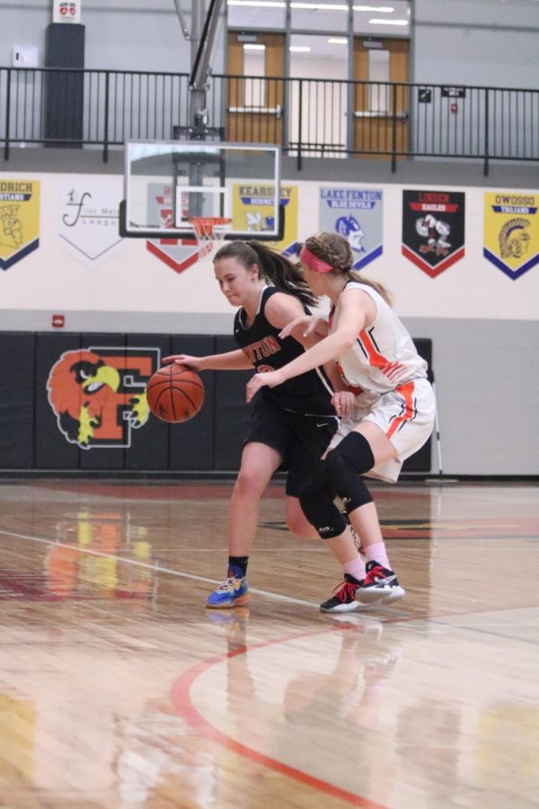 Dribbling the basketball, sophomore Allie Michewicz attempts to get past her defender. On Feb. 25, the JV girls basketball team competed against the Flushing Raiders and lost 36-49.