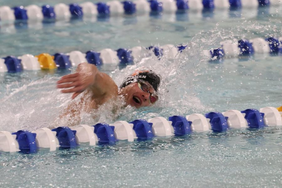On Feb 26 senior Jacob Shanahan swims the 400 free relay. Shanahan took first in his event with a time of 52.72. Overall the Boys Swim and Dive team took 1st.