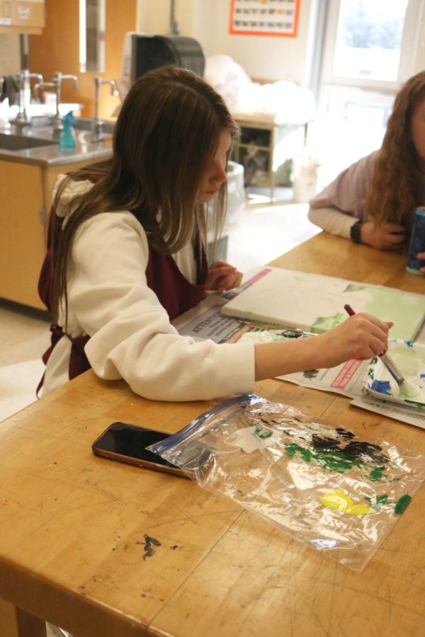 Getting paint on her paintbrush, freshman Olivia Kowalski gets ready to paint on her canvas. On March 10, FHS teacher Tracey Jamback allowed her students to finish their art projects.