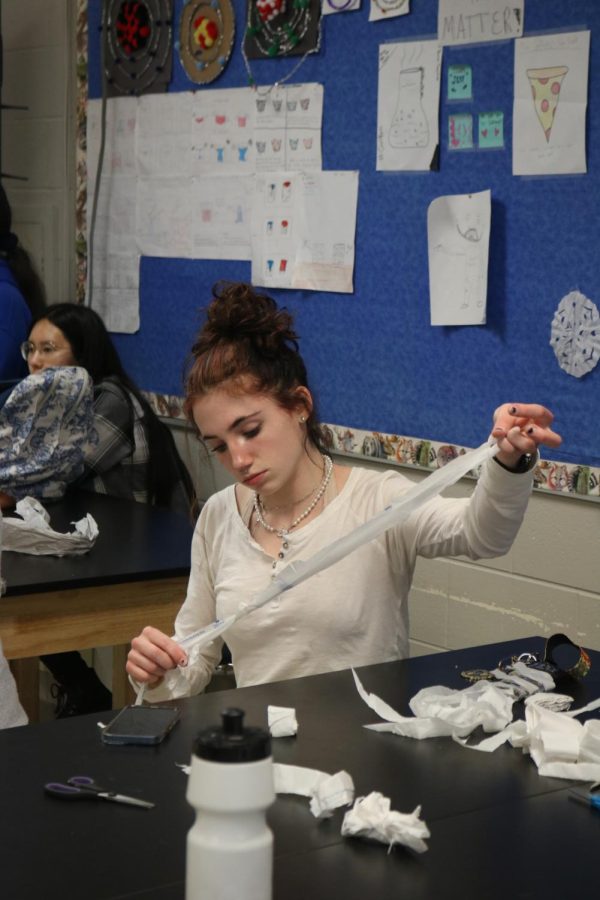 Junior Emma Dubie ties two pieces of plastic together to create plastic yarn. On March 8, the FHS E.C.O. Club made plastic yarn to donate to homeless shelters during their meeting.