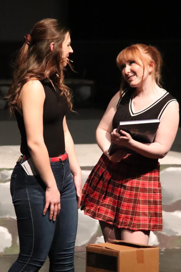 Junior Maddie Burnau talks to junior Ella Beck about possibly purchasing a yearbook ad. The IB theater program put together the play  She Kills Monsters  and performed it for the students at FHS on March 18 in the auditorium.  
