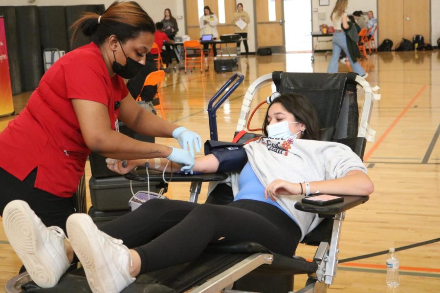 Watching the nurse, junior Anika Guru gets her blood drawn. On March 3, FHS hosted a blood drive providing students with an opportunity to donate blood. 