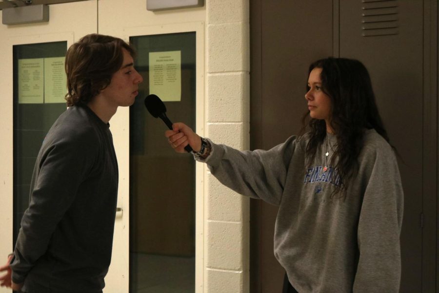 Sophomore Brenden Phillips is interviewed by junior Jamie Kemp. On March 9, FHS teacher Kevin Smith had his Video Productions students practice their interviewing skills. 