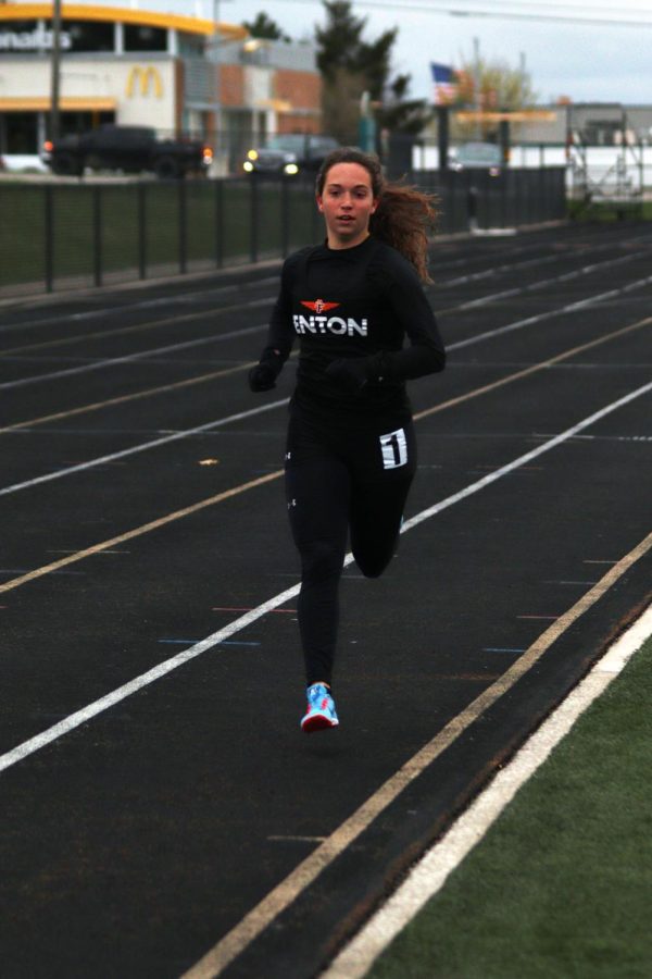 Sprinting to the finish line, senior Taylor Huntoon wins the 800m run. On April 26, the FHS Girls Track team won 80-57 against Linden. 