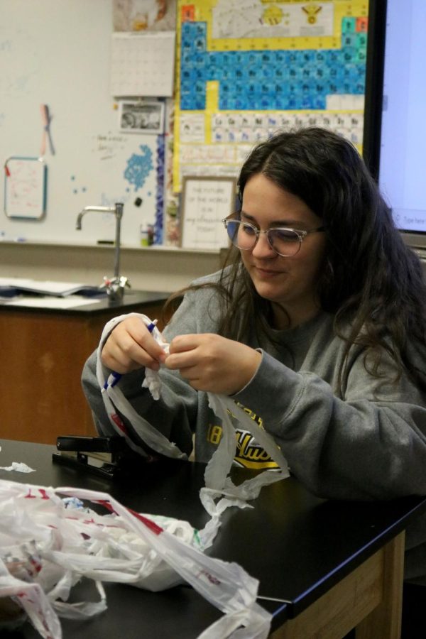 Senior Samantha Megdanoff creates plarn out of old recycled plastic. The ECO club worked on a new project on April 18, to help advocate for and reduce the amount of plastic waste in our school.