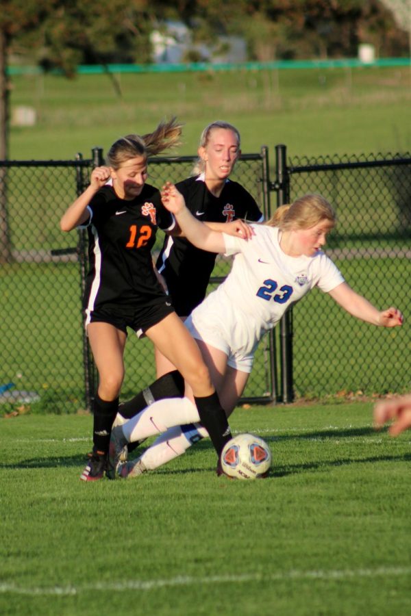 Beating her defender, sophomore Madeline Egle wins the tackle. On May 9, the Fenton girls varsity soccer team lost their game against Lake Fenton 1-3.