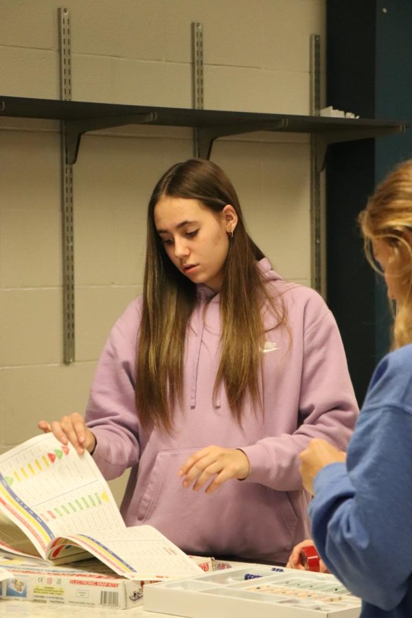 Freshman Abigail Gonzales flips through her instruction manual for her science lab. On May 5, FHS teacher David Sturm hosted an electricity lab for his physical science classes. 