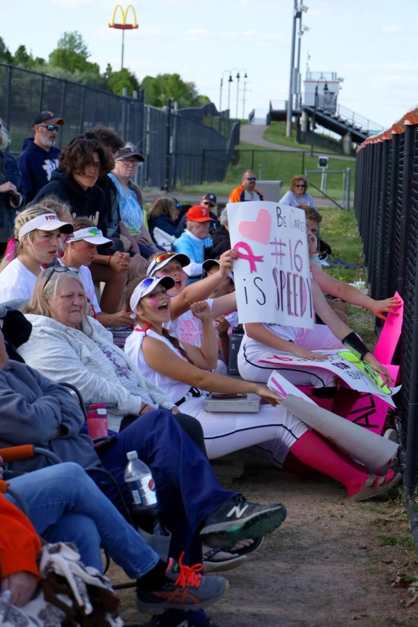 Shouting, sophomores Kariana Pelky and Lily Turkowski cheer on their JV teammates. On May 17, the varsity softball team presented posters and cheered on the JV softball team. 