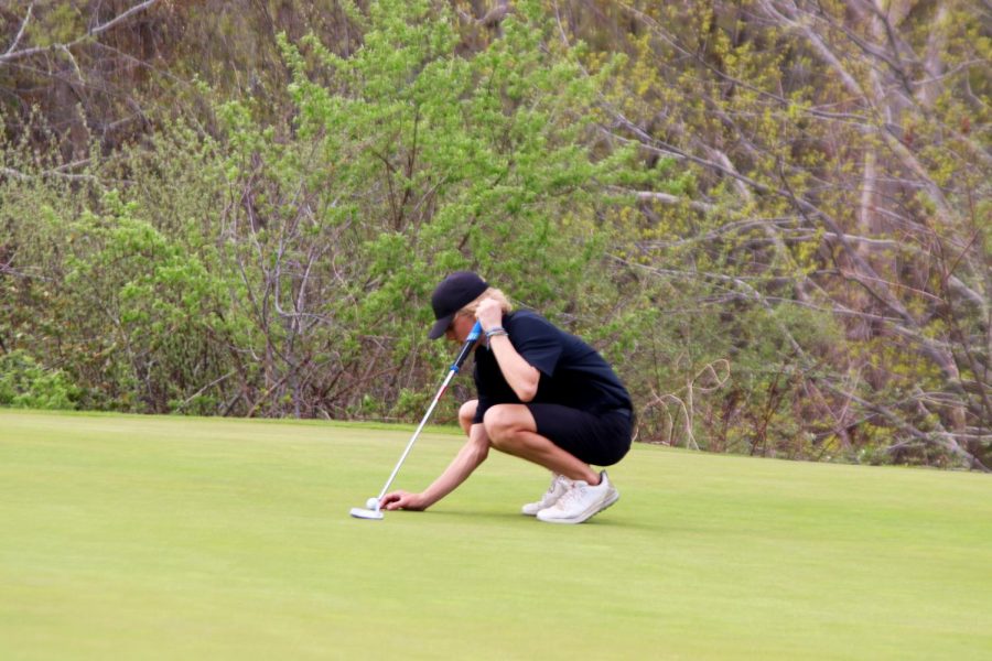 Placing his ball, junior Caden Crandall prepares to putt. On May 10, the boys varsity golf team played in a League Tri beating Lake Fenton and Owosso 174-201. 
