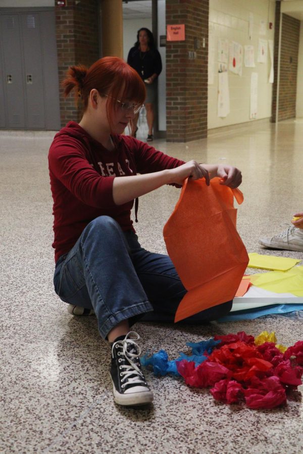 Ripping tissue paper, senior Skye Hodgkin decorates her classroom door. On April 28, students decorated their SRT doors for the spring door decorating contest to be judged on May 5. 