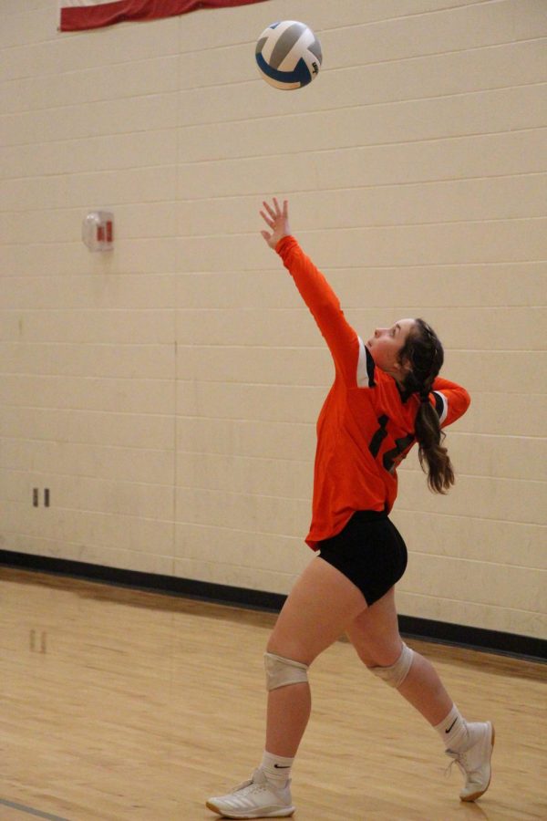 Preparing to serve, freshman Ally Turkowski sends the ball shooting over the net. On Sept 10 Fenton played against Holly for the first game of the day. On this Saturday morning, Fenton had multiple opponents including Lake Fenton, Clio and Midland. 