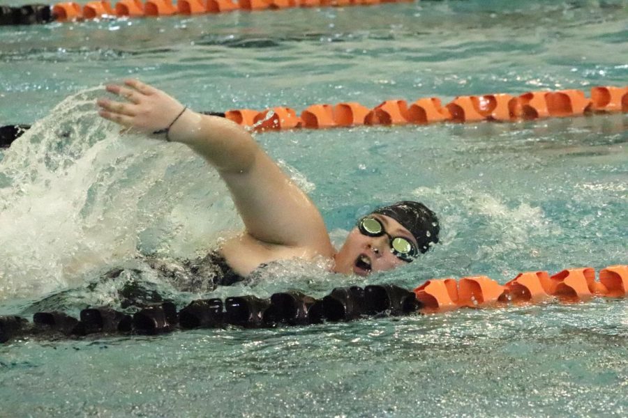 Swimming, juinior Caitlyn Wentz competes in a race. On Oct. 25, the girls swim team faced Owosso and won 112-68. 