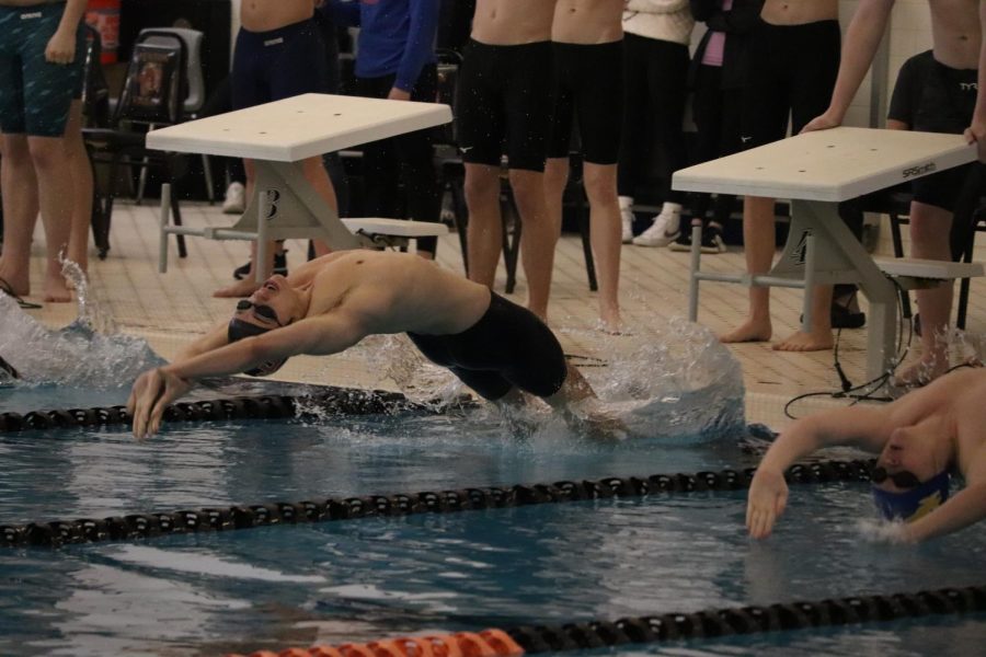 Doing a backstroke start, senior Max Haney. On Feb. 25th the boys varsity swim and dive competed at a metro league championship and took first place. 