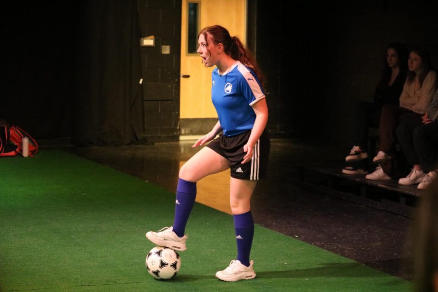 Acting, junior Marlo Risner plays soccer. On March 17, the FHS IB Theatre put on a student show, Wolves. 
