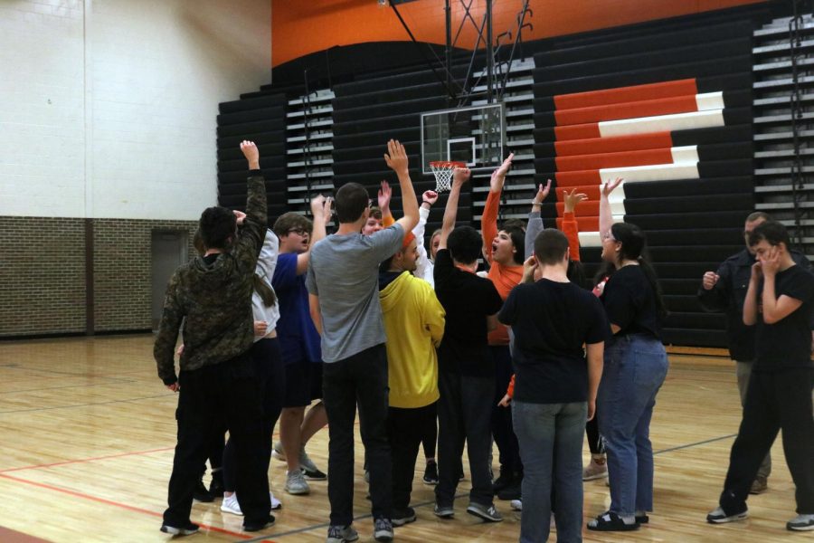 Cheering, students celebrate their victory over Linden. On April 21, Julie Montanas peer-to-peer class participated in a game of kickball in the Fenton High Schools auxillary gym. 