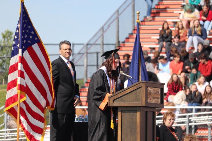 Giving a speech, senior class president, Madelin Burnau addressed the student body. On May 25. the senior class had an assembly dedicated to their awards and accomplishments. 