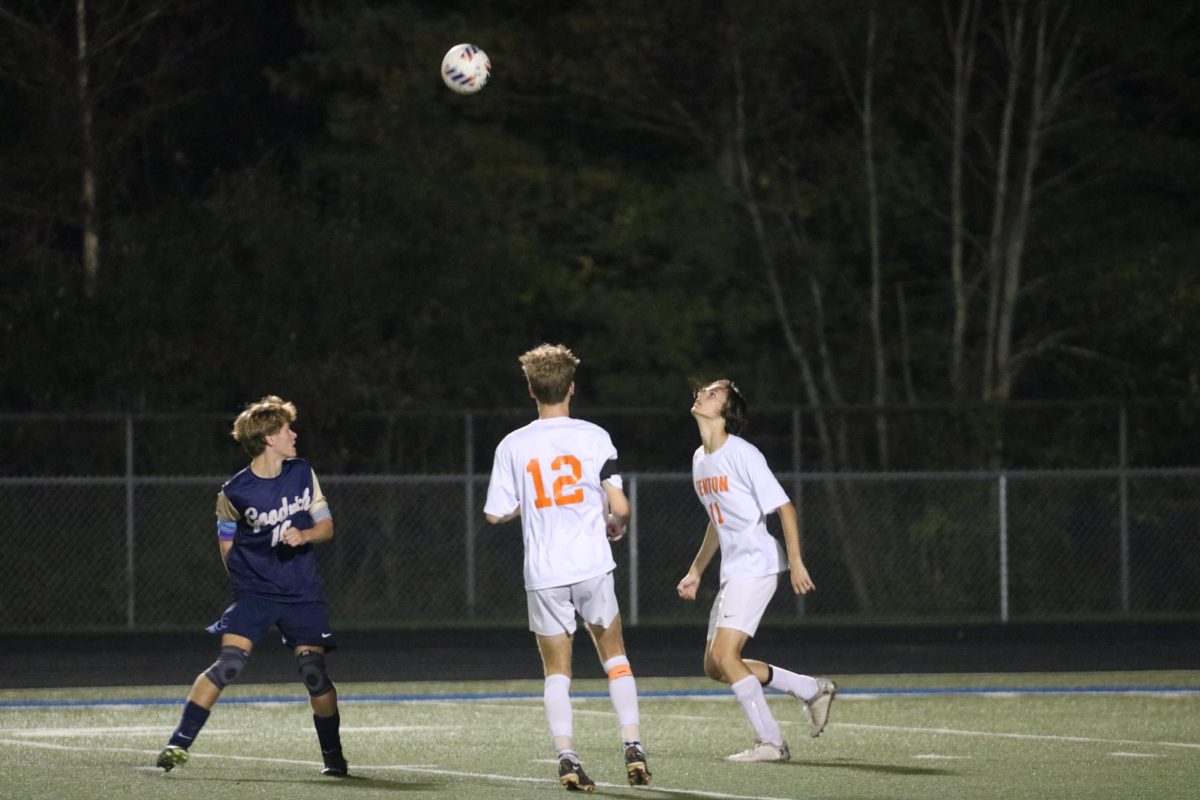 Getting into position, Senior Mark Behnfeldt gets ready to head the ball. On Oct 3 fenton and Goodrich tied 0 - 0. 