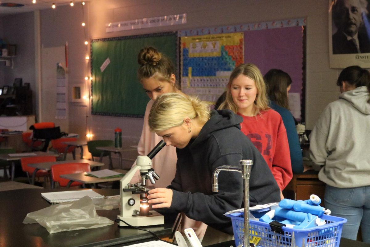 Looking through the microscope, Evelyn Hall examines hair. On Oct. 17, teacher Matt Sullivans had his class completed a hair lab.