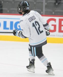 Skating, junior Dom Corso goes down the ice while playing defense. On Nov. 17, the varsity hockey team had their home opener vs Capital City at Dort Federal Financial Center.