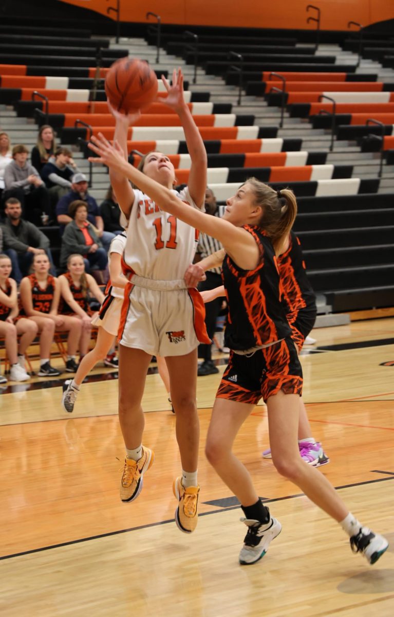 Going in for her shot, freshman Maddie Eltringham plays in the JV basketball game. On Dec. 8, the girls played Flushing.