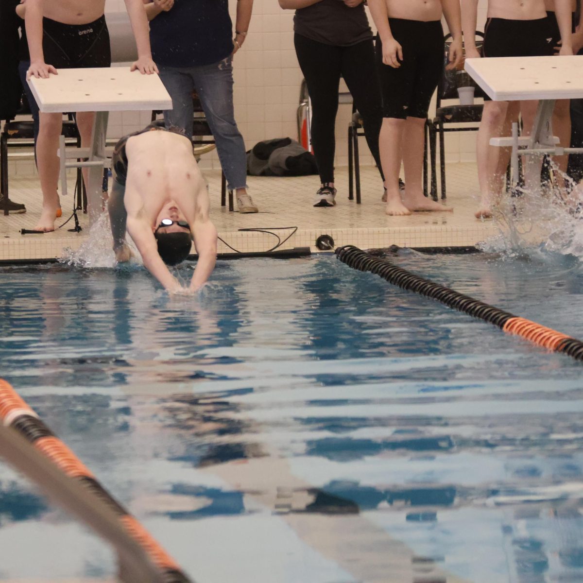 Leading, Sophomore Michael Ferris goes first in the 200 medley relay. On Jan. 20, Fenton Boys swim and dive compete in finials.