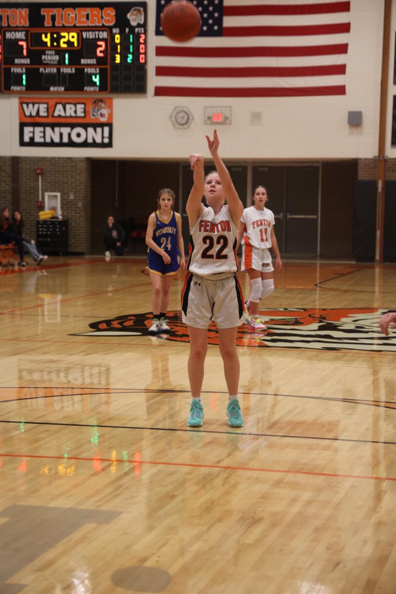 Shooting, freshman Payton Roney attempts a free throw during a recent game. On Feb. 9, the JV basketball team beat Kearsley.