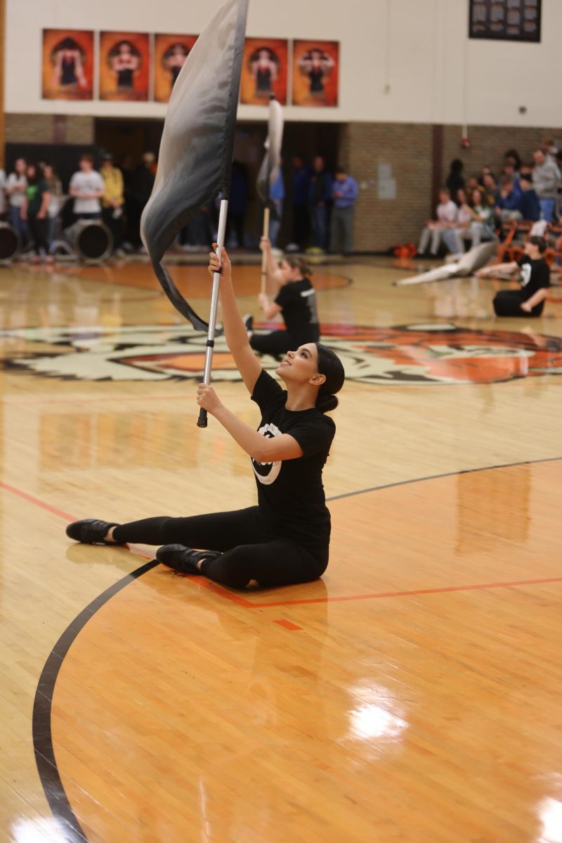 Looking+at+her+flag%2C+junior+Sophia+Kildee+waves+it+in+the+air.+On+Feb.+8+the+FHS+color+guard+performs+during+half+time.+