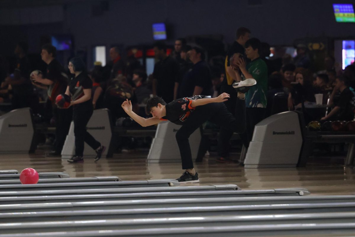 Rowling the ball freshman Parker Cairnduff bowls. On Feb. 10, the FHS junior varsity bowling team took part in a match at the Richfield bowl.