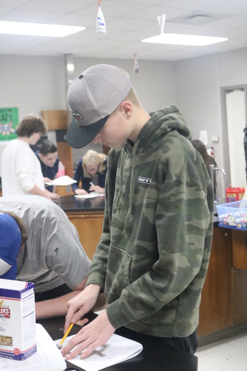 Coloring, freshman Aaden Gilbert works on his lab. On March 7, the freshman biology classes learned about fingerprints. 