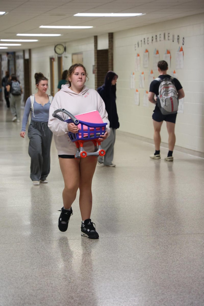 Carrying a little shopping cart, freshman Kayleigh Chapman participates in anything but a backpack day. On Sept. 25, FHS had there 3rd spirit day of the week. 