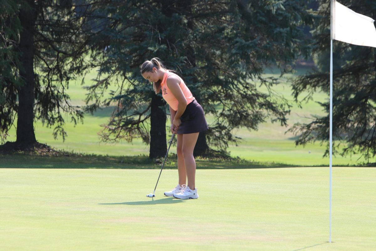 Focusing, senior Sophia Rossi prepares to putt. On Sept. 12, the Fenton girls varsity golf team played the Lake Fenton and won 181-218.