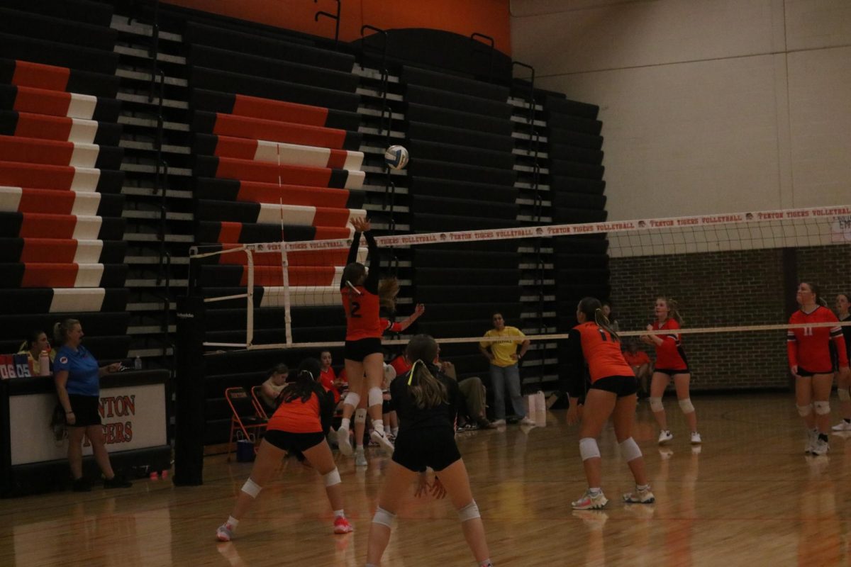 Jumping, freshman Marianna Williams raises her hands to block the ball.  On Sept. 18 Fenton went against Linden winning their match. 