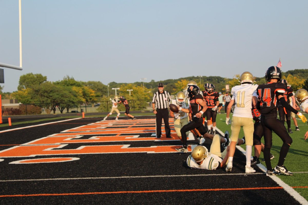 Running through the Endzone,Freshman Alec Mock gets the Freshman Football team an action packed Touchdown.
Fenton beat Notre dame preparatory with a score of (31-18)