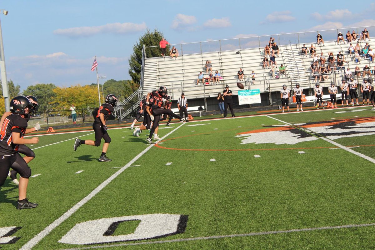 Kicking the ball, Freshman Michael Smith sending it down the field to South Lyon East.
On 9/19 Fenton beat South Lyon East (36-0)