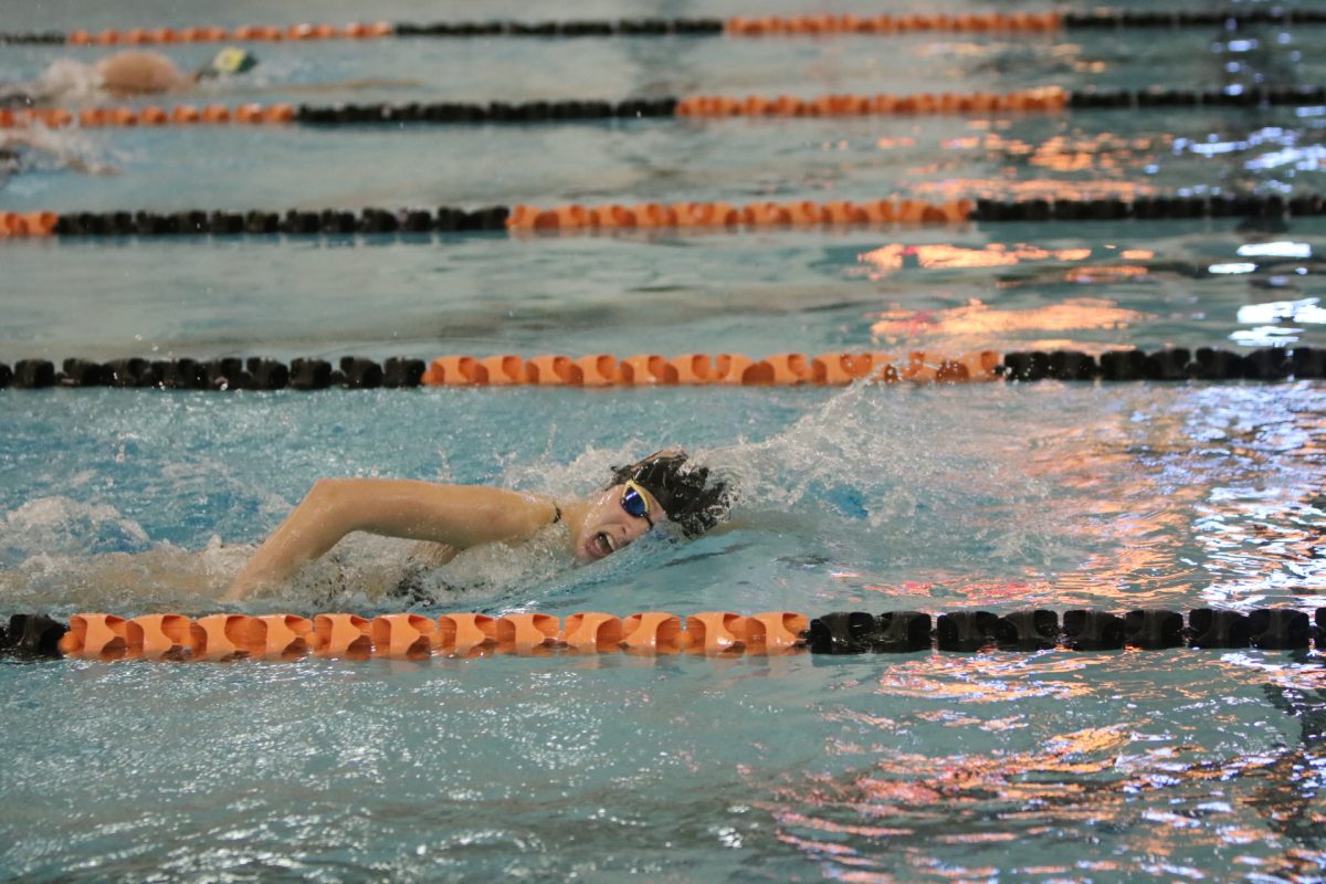 Swimming, junior Laynie Barz competes in a swim meet. On Oct. 1st, the FHS Swim and Dive team had a meet against Dow High and lost 81 to 90.