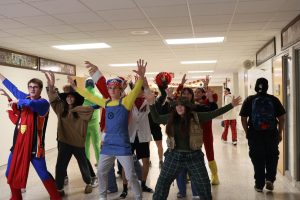 Dancing, senior Evan Crane along with others make a thriller music video. On Oct. 29 Mr.smiths 4th hour video class made a thriller music video in the halls.