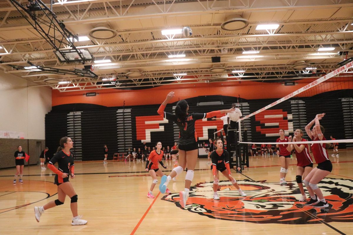 Attacking the ball, freshman Alejandra Ayotte is getting ready to get a kill. On Sept. 30, the Fenton JV volleyball team played against Swartz Creek and won all three sets. 