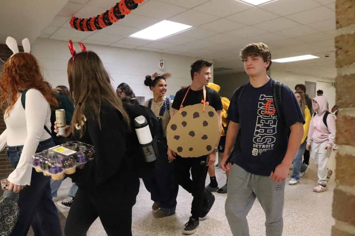 Showing his Halloween spirit, junior Joe Wright dresses up as a cookie for halloween spirit week. On Oct. 31, FHS students participated in dressing in a costume for Halloween.  