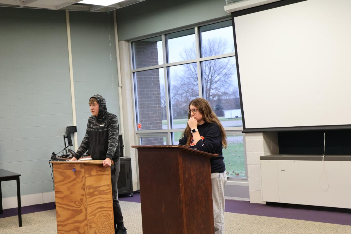 Debating, Junior Noah McCabe participates in a class debate. on Nov. 22nd mrs. Grays class held a Hamilton vs Jefferson class debate in the project room.