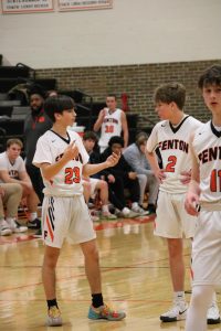 Discussing, sophomores Madden Shaman and Lewis Roberts talk about the game. On Feb. 19, the Fenton JV basketball team went up against Rochester and lost.