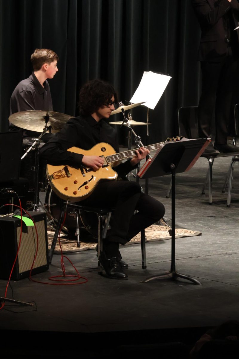 Playing, Carson LaVanway performs for Jazz Band. On April 16, the FHS band put on their spring concert.