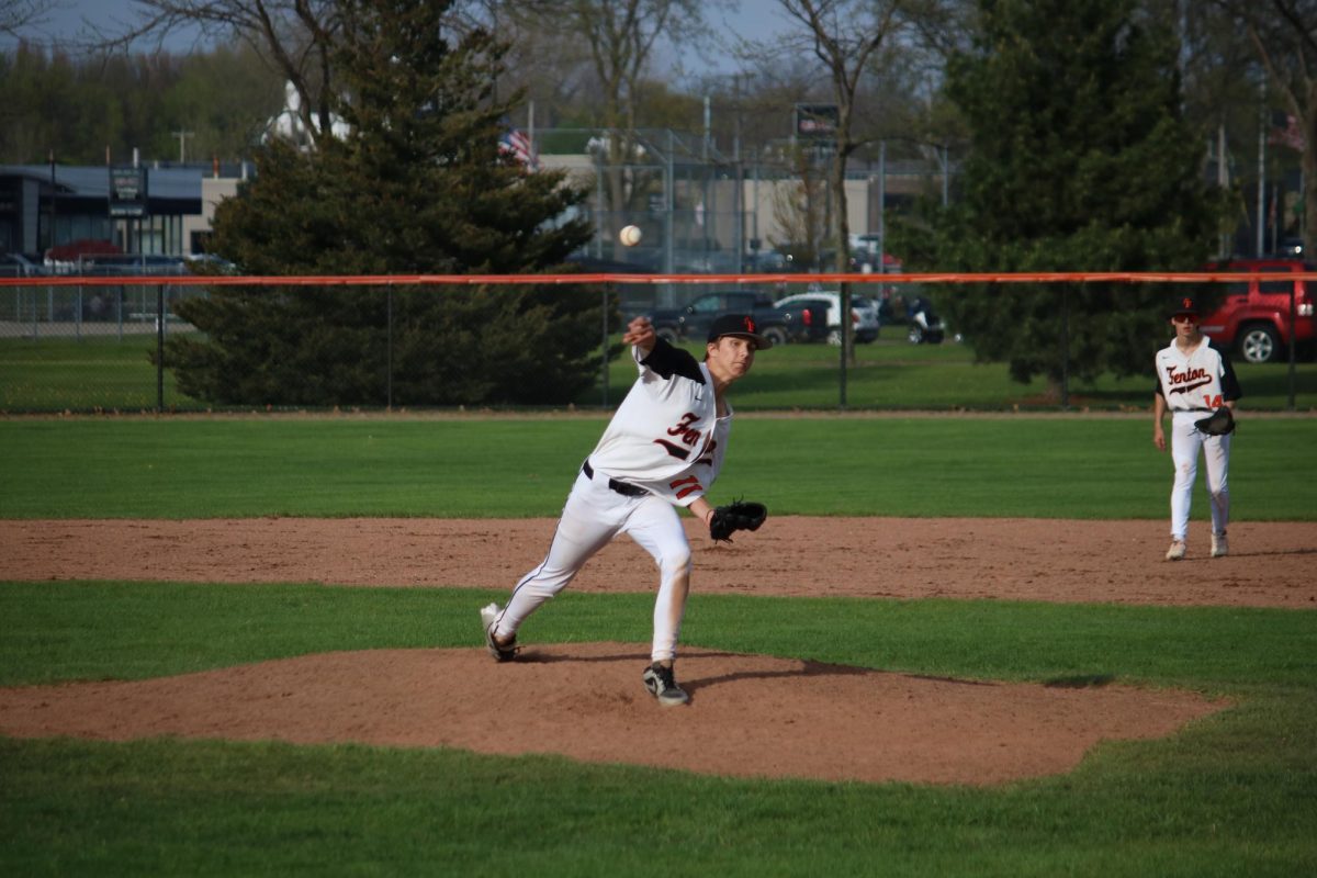 Pitching, sophomore Reid Kirchner throws the ball. On May 5, Fenton JV Black played Flushing High and lost.