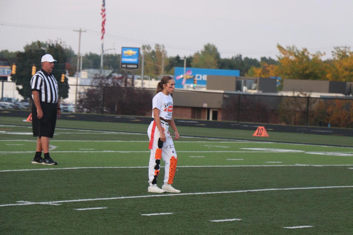 Ready for the ball, junior Madison Eltringham is getting ready to catch the kickoff. On Sept. 15, senior vs junior Powderpuff game.