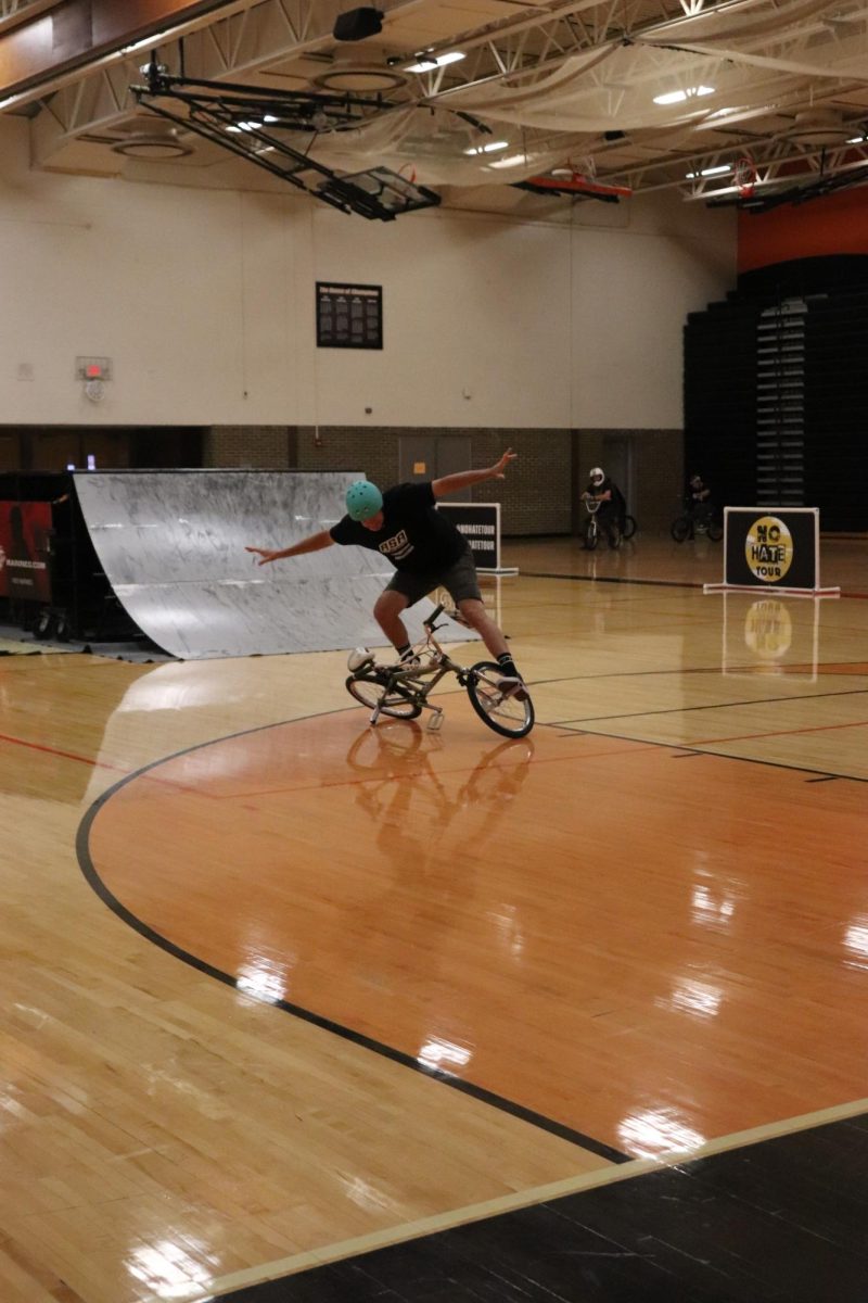 Bike surfing, Russel Summerville and his team come in for the no hate assembly. On Sept 4 they came in to talk about bullying  and also show off there bike tricks 