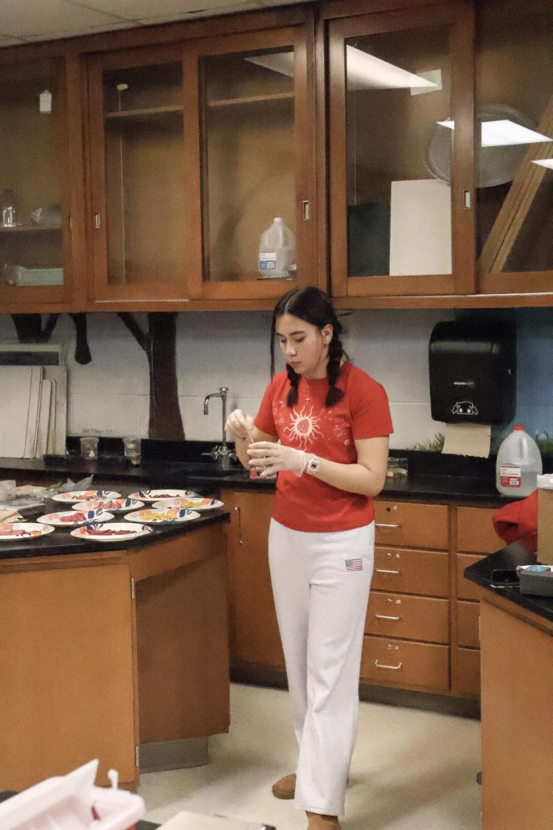 Holding a beaker, junior Janessa Bemman works on a lab during SRT. On Jan. 29, International Baccalaureate students worked on their IAs.