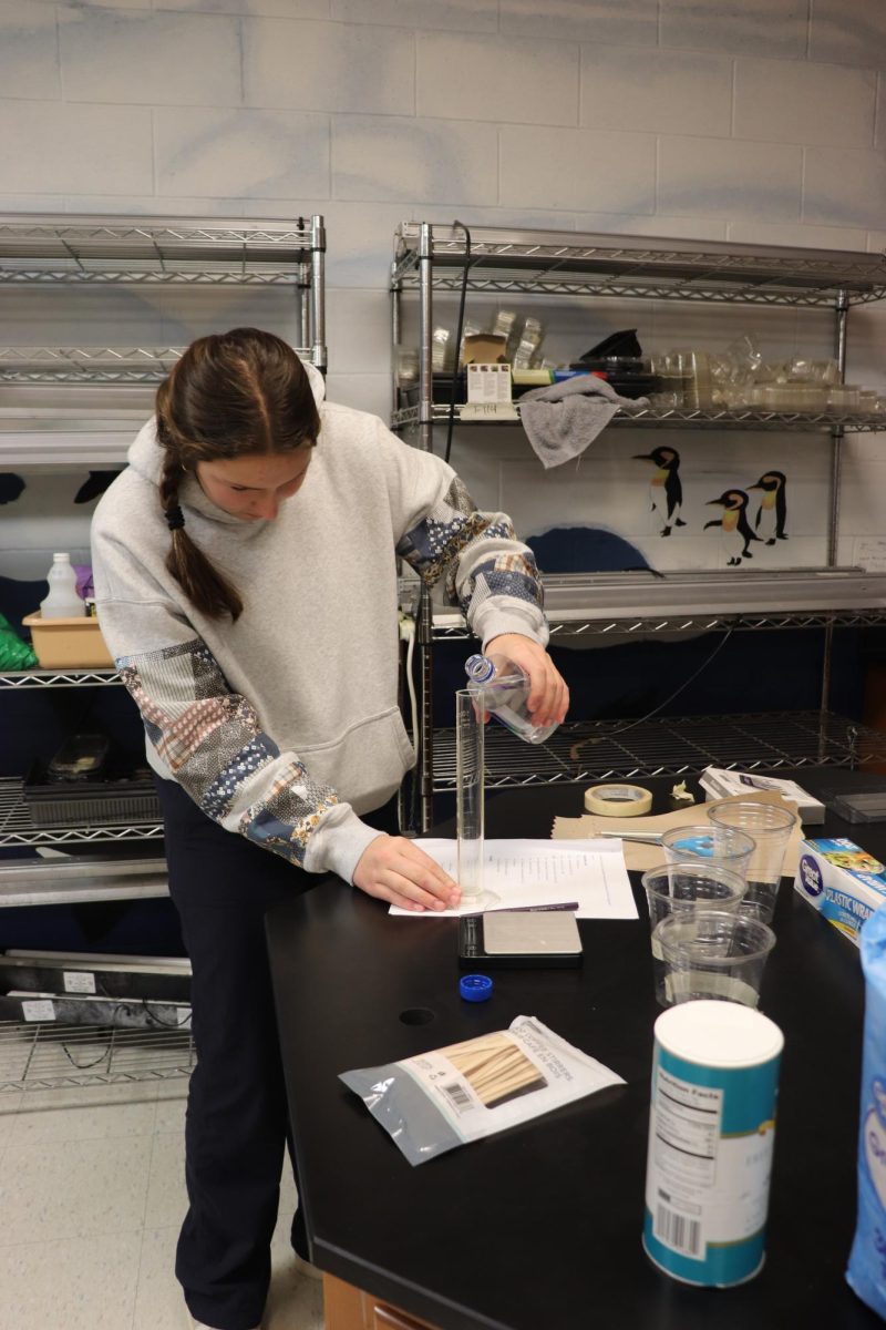Pouring water into a test tube, senior Grace Perry completes a lab during SRT. On Jan. 13, Mrs Wilhites' SRT class makes up labs 
for absent students.
