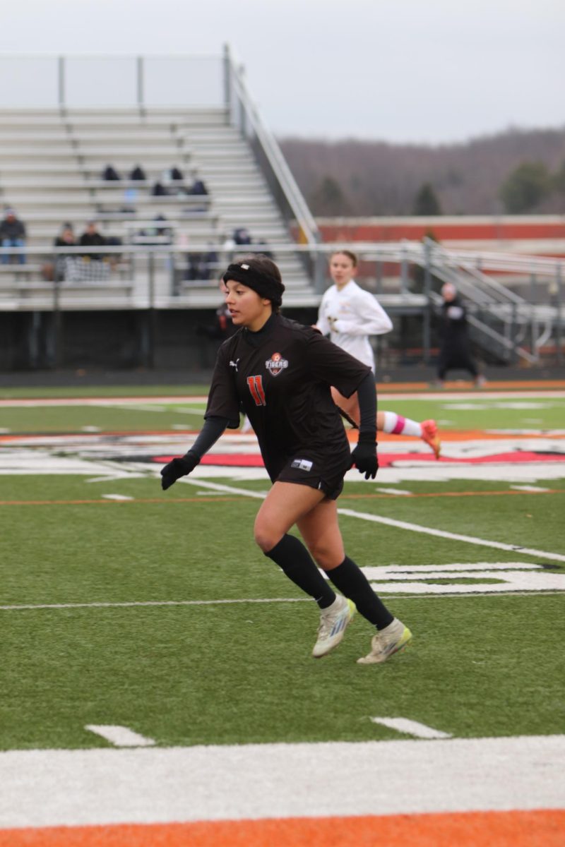 Striding down the field, freshman Cassie Morello runs to get the ball. On March 18, the girls' JV soccer team had a game against Hartland.