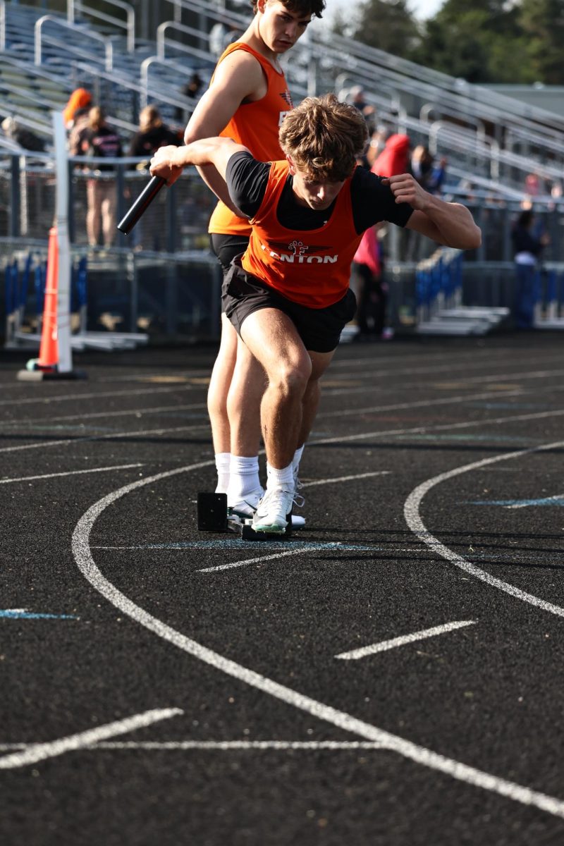 Starting off his blocks, sophomore Connor Wilson competes in the 4x2. On April 28, the Fenton track team competes at Kearsley. (find score)